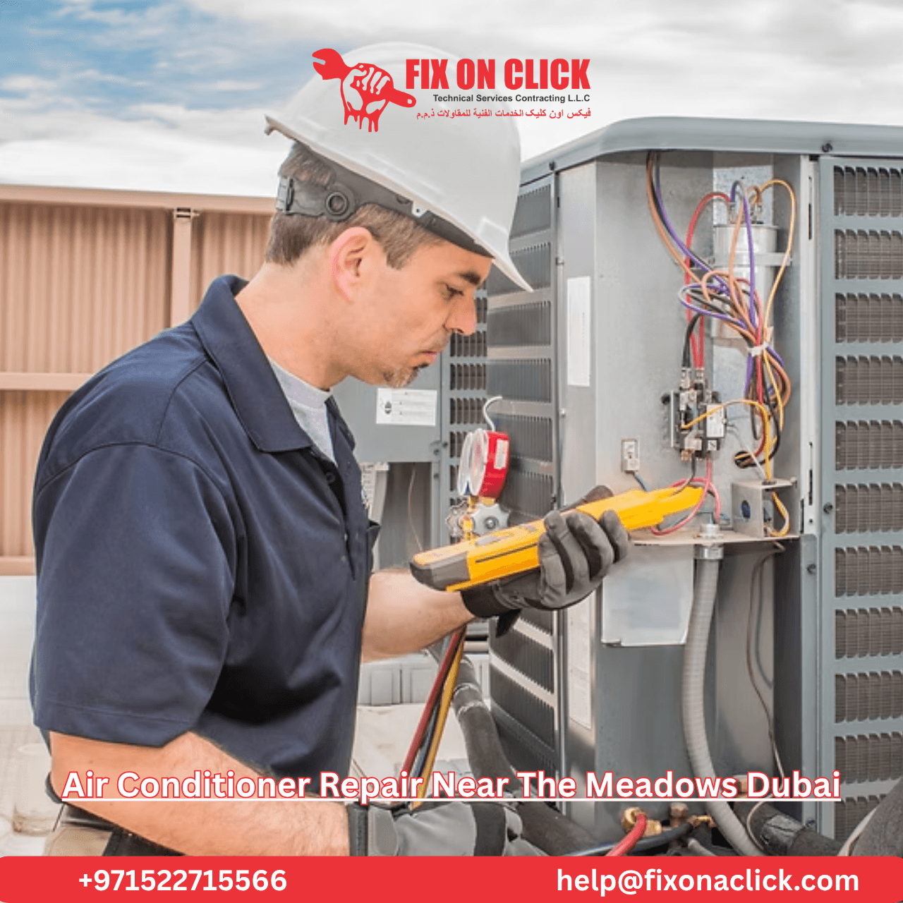 Fix on Click technician testing airflow from a ceiling vent during a multi-zone AC repair in The Meadows villa