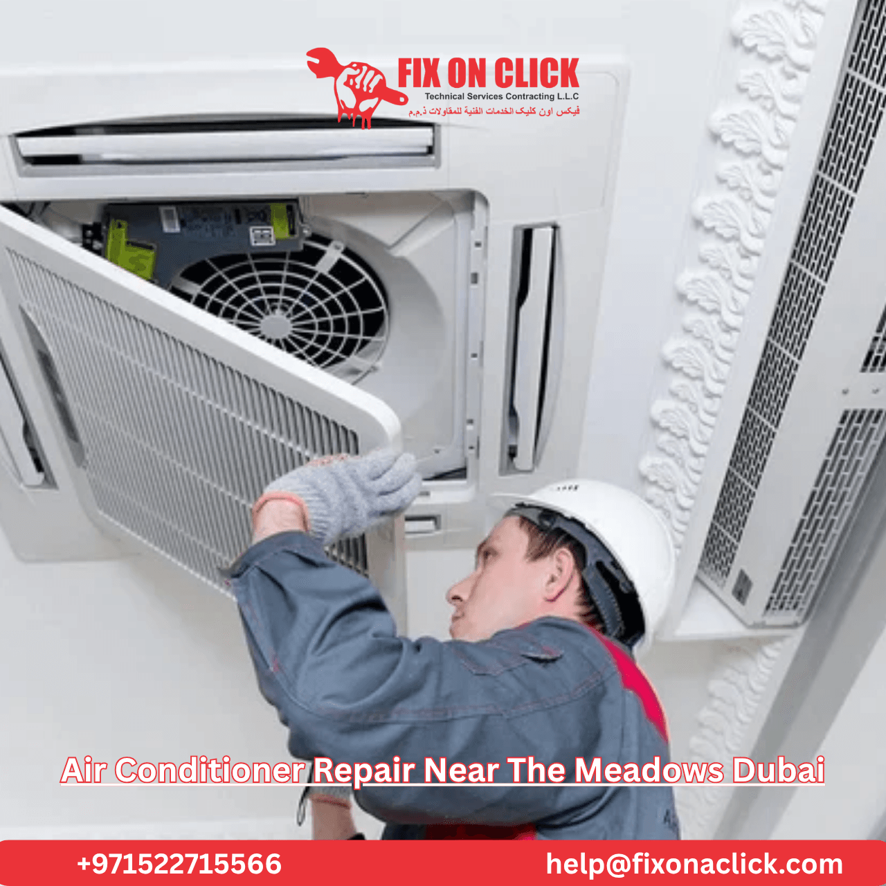 Fix on Click technician servicing a ducted AC outdoor unit at a villa in The Meadows Dubai