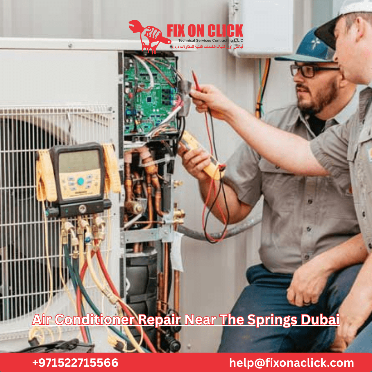 Air Conditioner Repair Near The Springs Dubai - Fix on Click technician servicing AC unit in townhouse