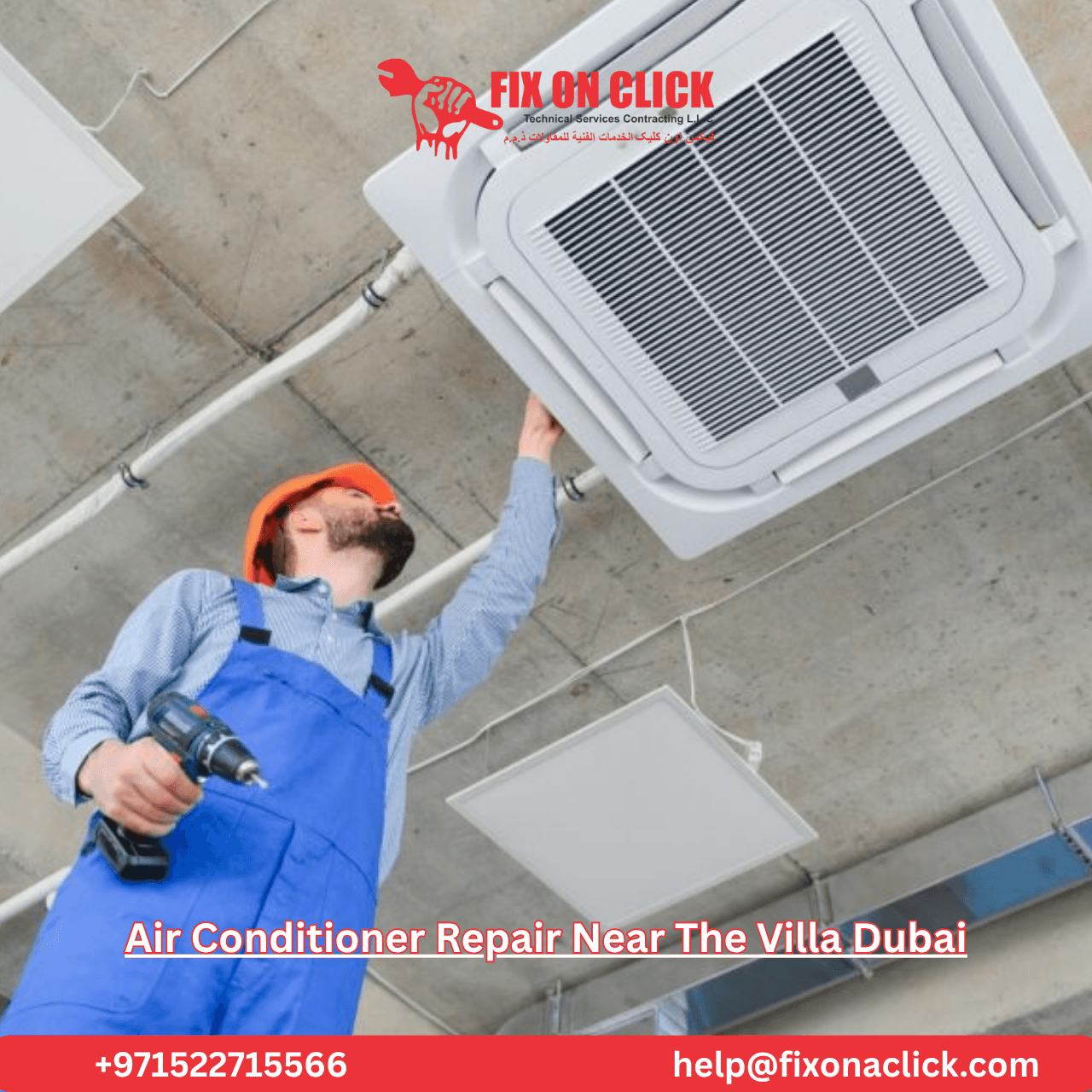 AC repair technician diagnosing air conditioner unit in The Villa Dubai
