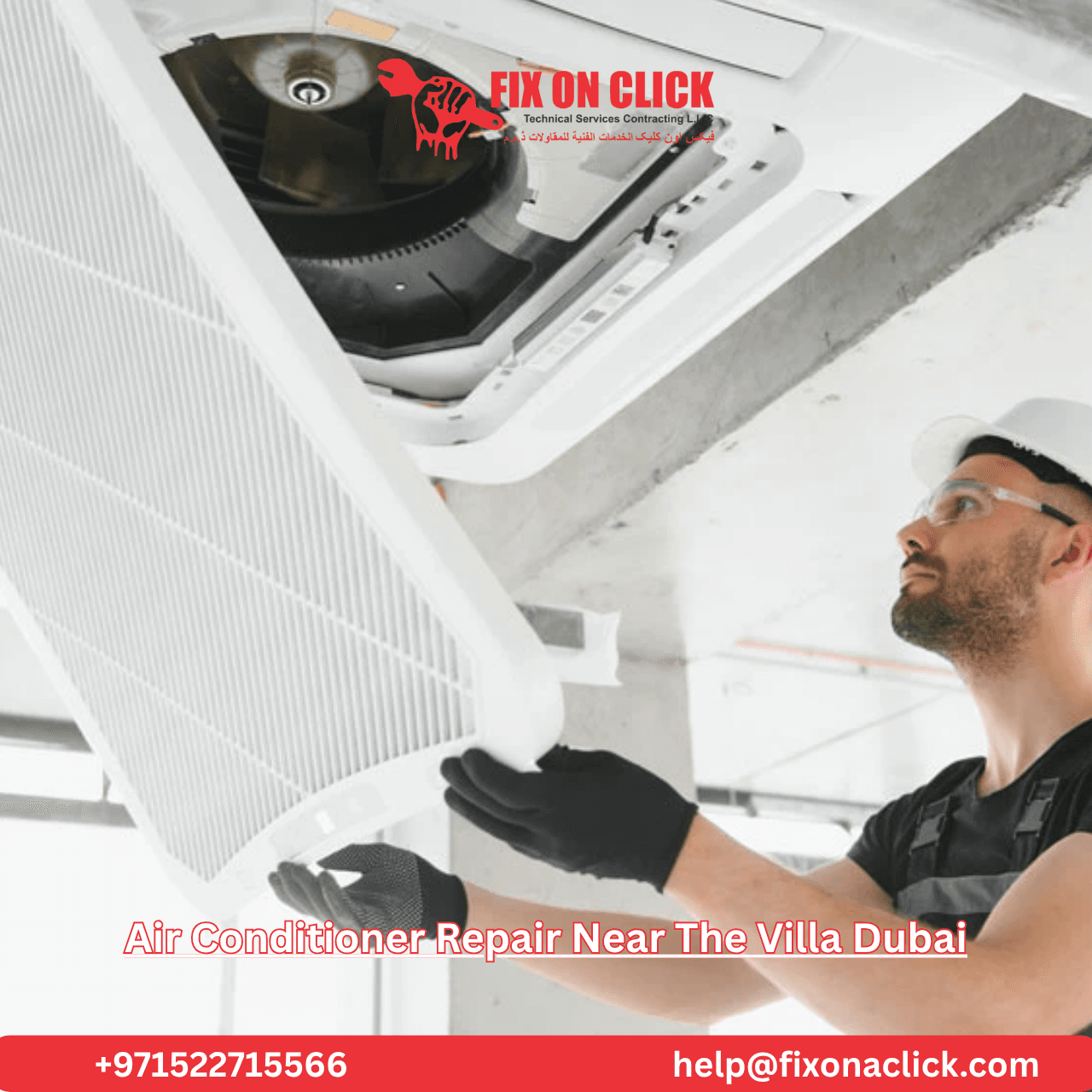 Air Conditioner Repair Near The Villa Dubai - Fix on Click technician servicing AC unit
