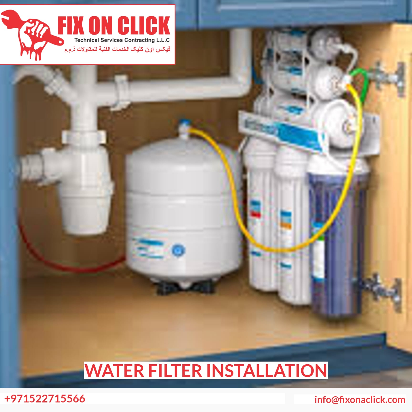 Under-sink RO water filter system installed in Dubai kitchen - Fix On Click