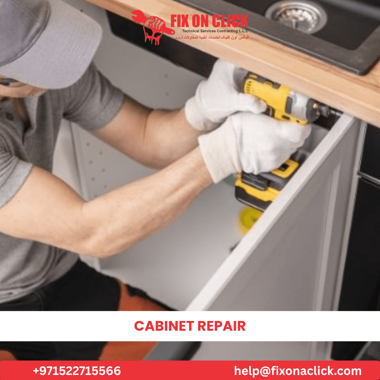 Cabinet repair technician fixing kitchen cabinet door in Dubai home
