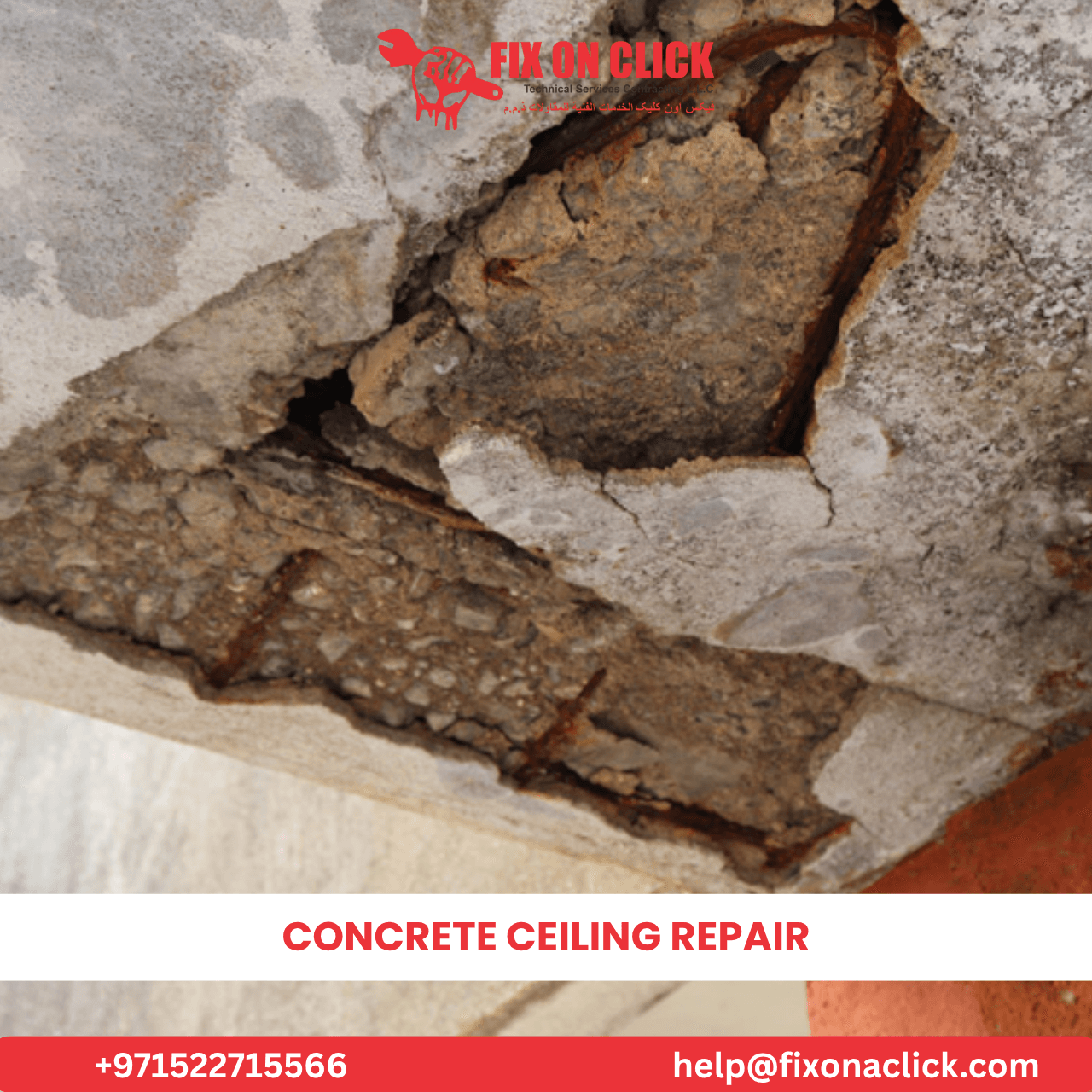 Technician inspecting spalling concrete ceiling damage in Dubai