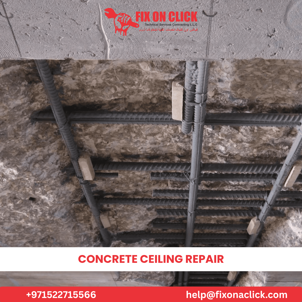 Concrete repair mortar being applied to ceiling in Dubai property
