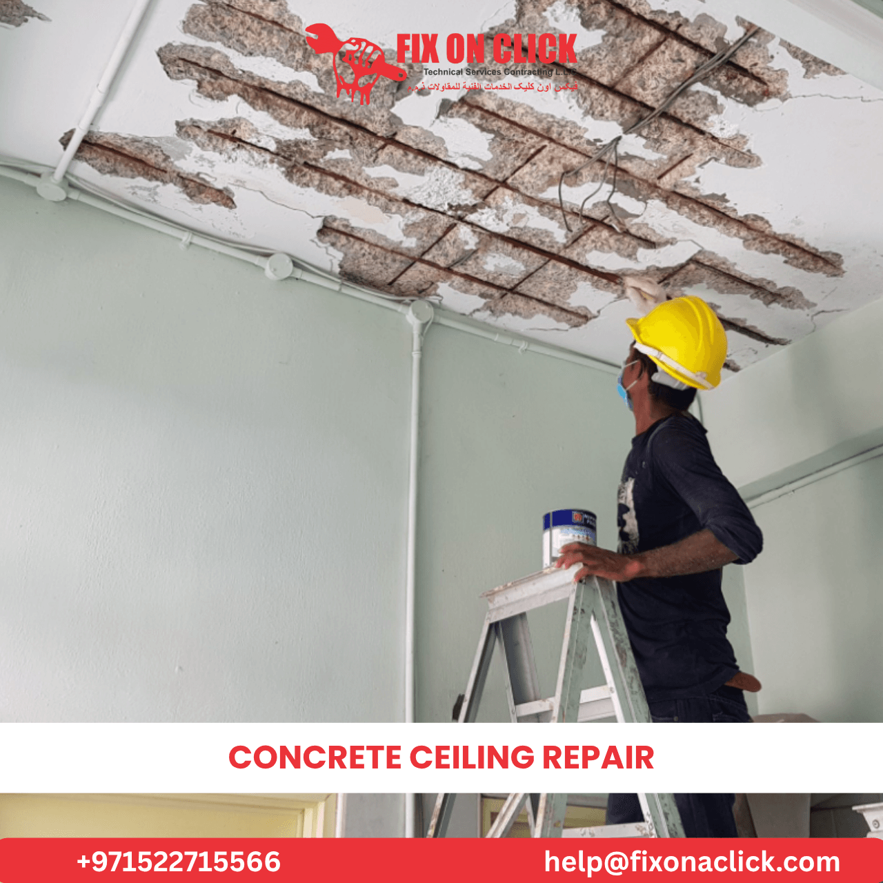 Concrete ceiling repair work in progress in Dubai property by Fix On Click