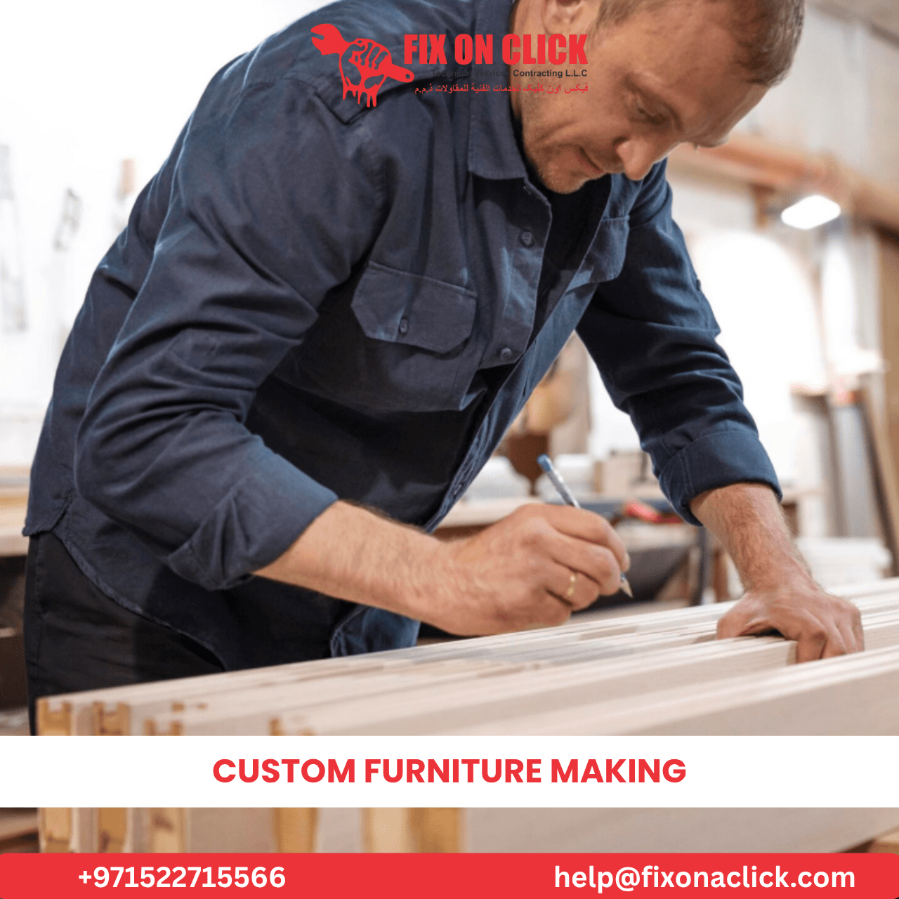 Custom furniture making carpenter working on wooden furniture in Dubai