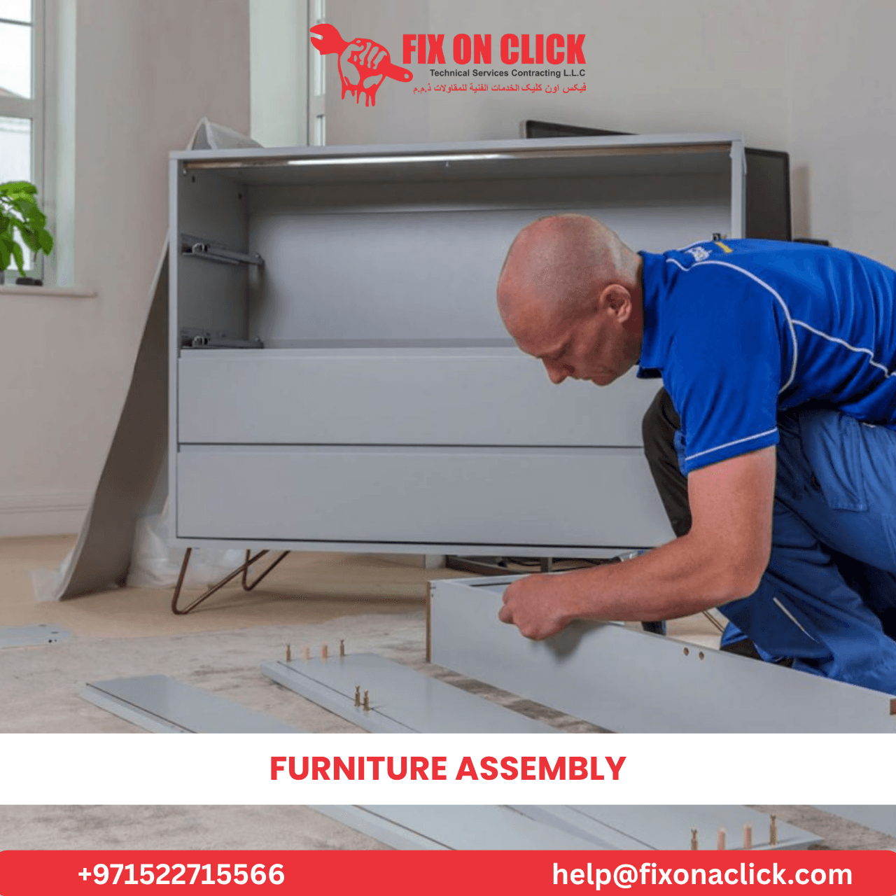Carpenter assembling office desk and furniture in Dubai office