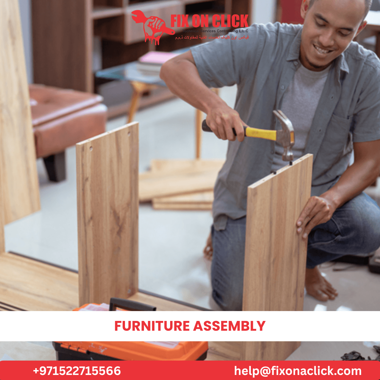 Flat pack furniture assembly technician assembling wardrobe in Dubai apartment
