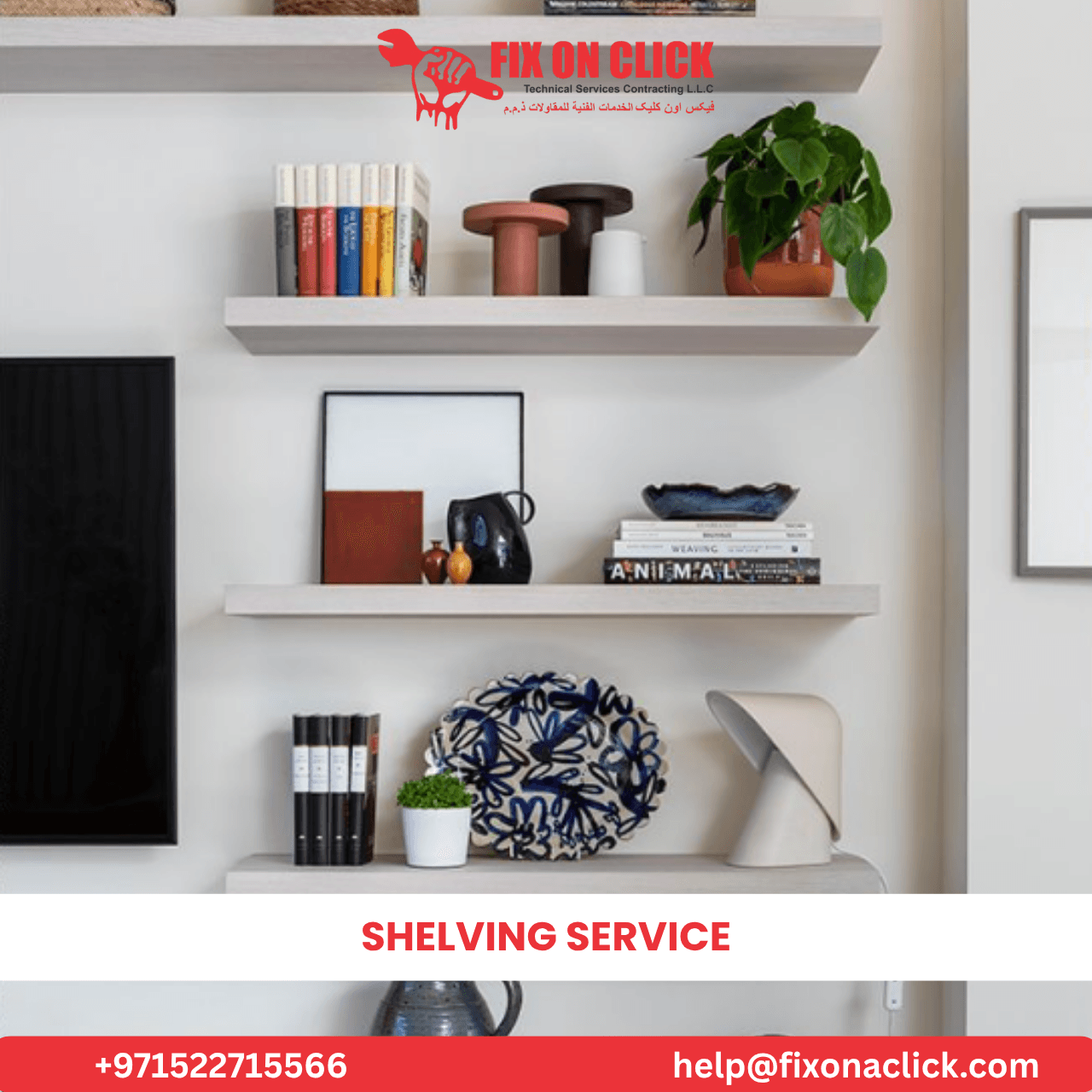 Floating shelves installed by Fix On Click carpenters in Dubai home