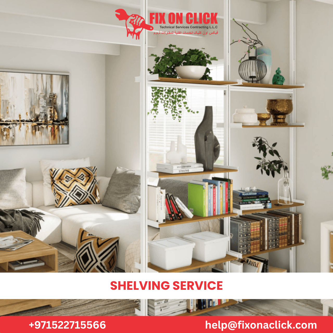 Built-in bookcase and custom shelving unit by Fix On Click Dubai
