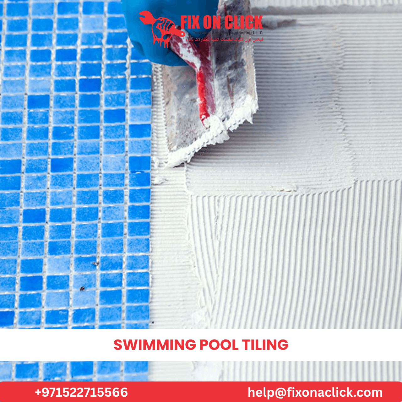 Glass mosaic pool tiles being installed in Dubai swimming pool