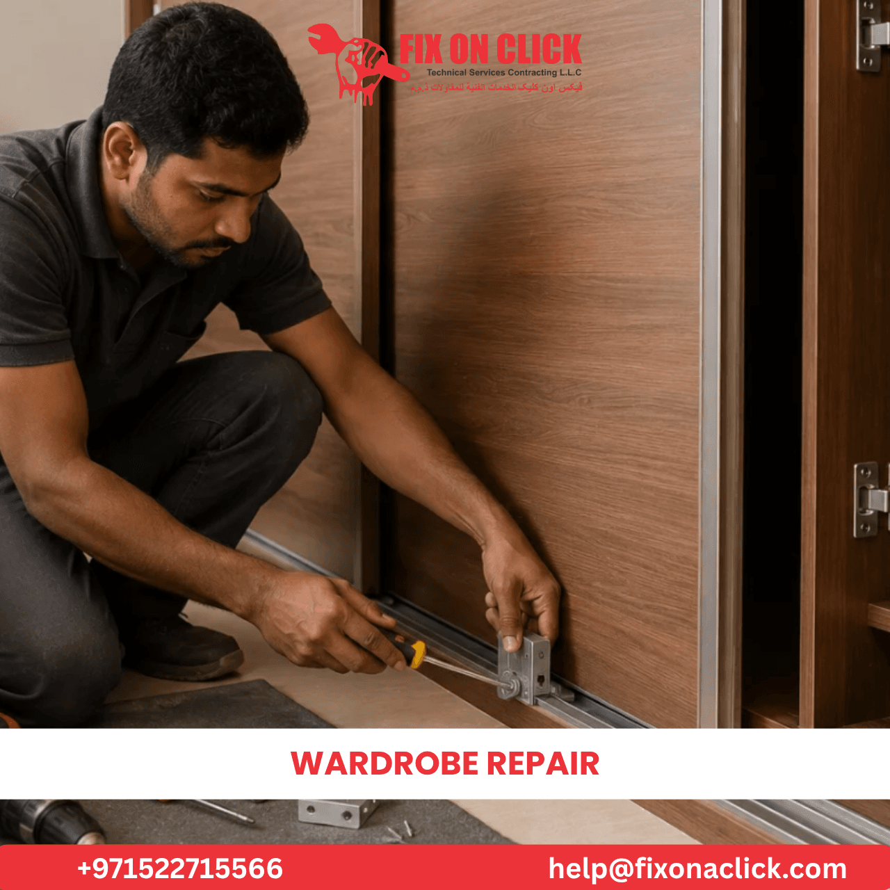 Close up of wardrobe hinge and sliding track repair