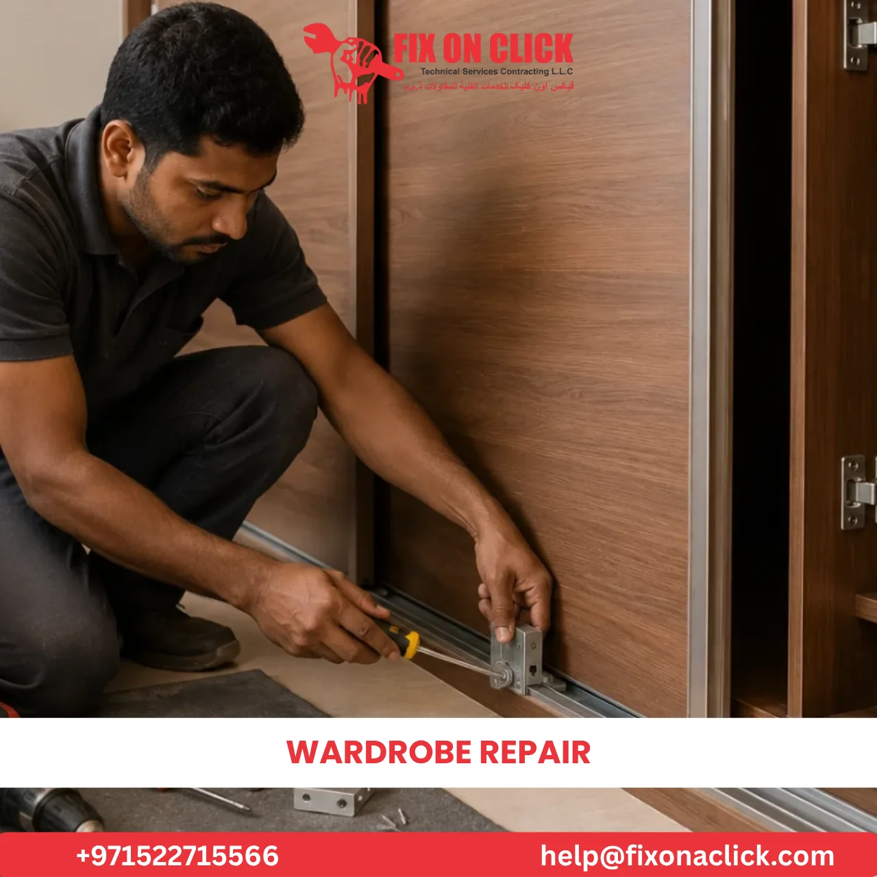 Close up of wardrobe hinge and sliding track repair