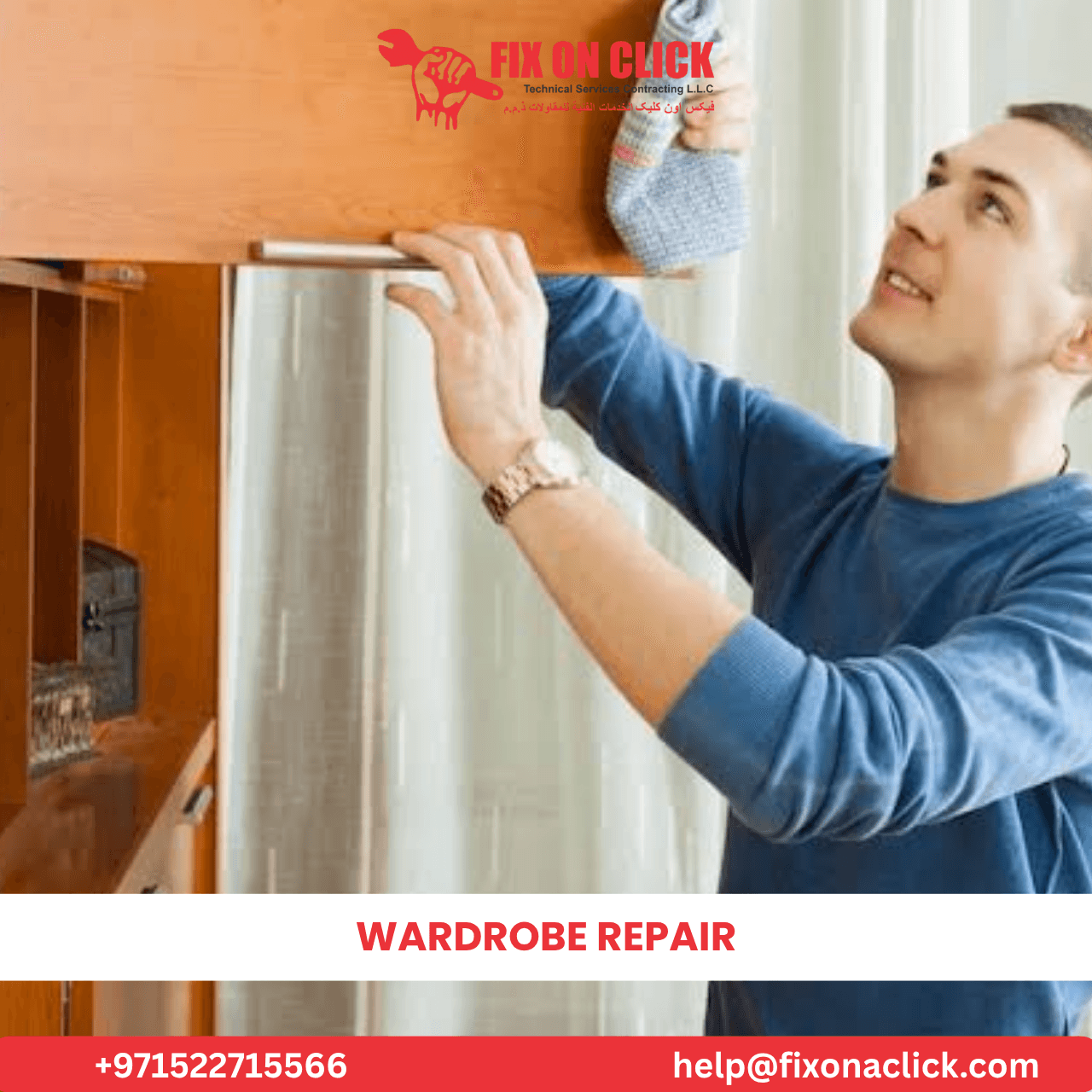 Wardrobe repair technician fixing sliding door in Dubai apartment
