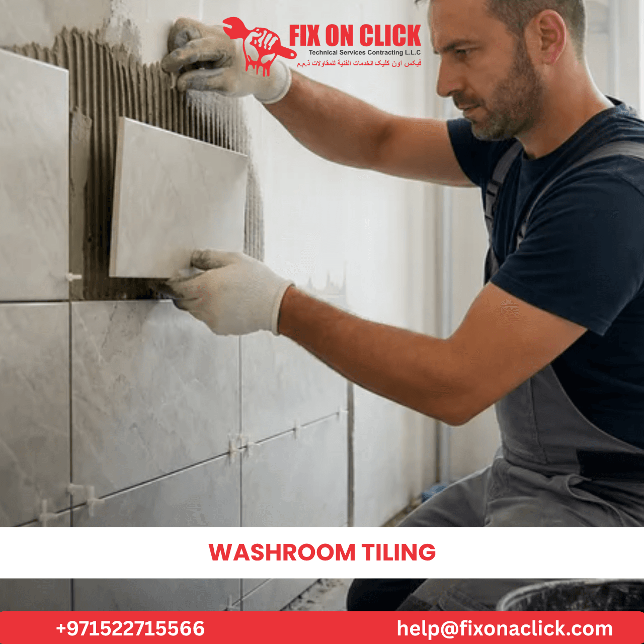 Washroom tiling installation in Dubai apartment by Fix On Click
