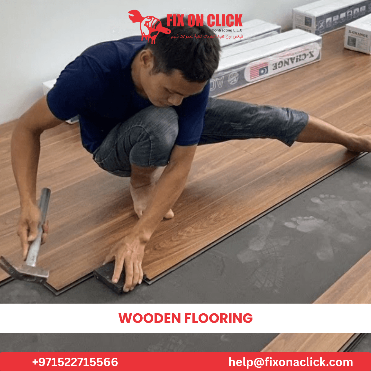 Carpenter repairing damaged wooden floor boards in Dubai